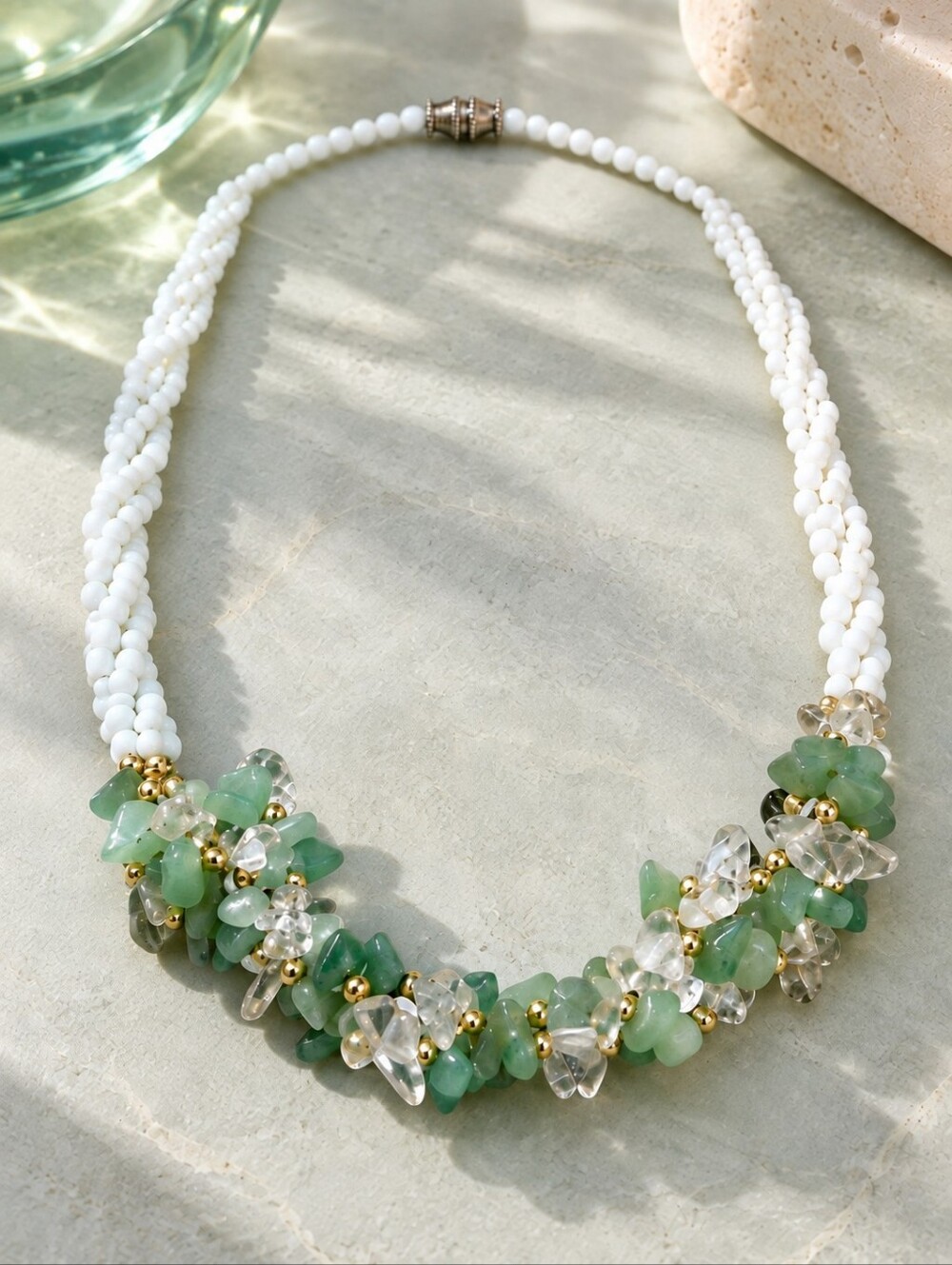 Vintage Jade Chip Cluster White Seed Bead Multi Strand Necklace 19"